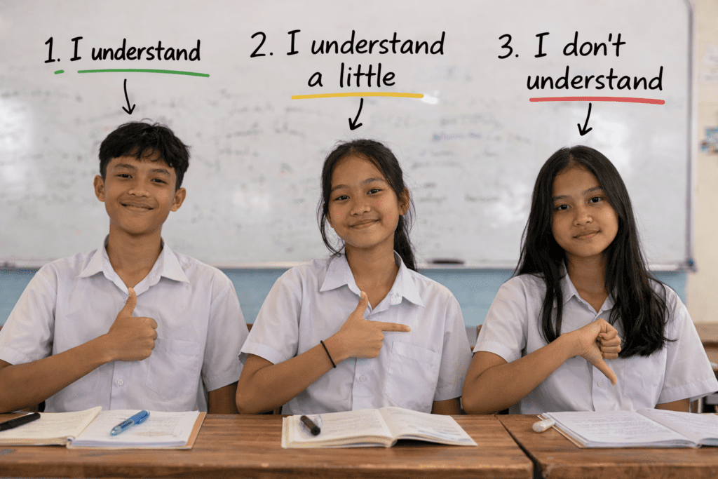 Asian students give hand signals to show if they understand the ESL teachers instructions